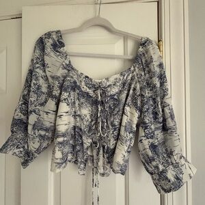 Lucy Paris Blue and White Ruffled Tie Front Blouse
